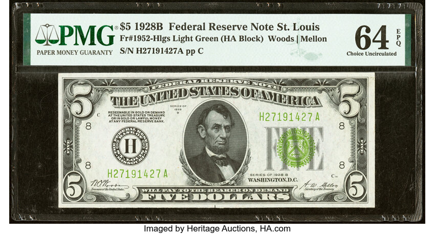 image for: Fr. 1952-H $5 1928B Light Green Seal Federal Reserve Note. PMG Choice Uncirculated 64 EPQ....