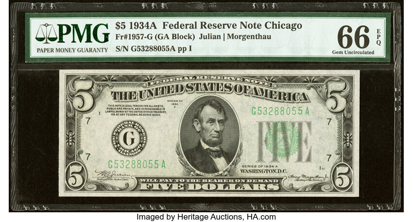 image for: Fr. 1957-G $5 1934A Federal Reserve Note. PMG Gem Uncirculated 66 EPQ....