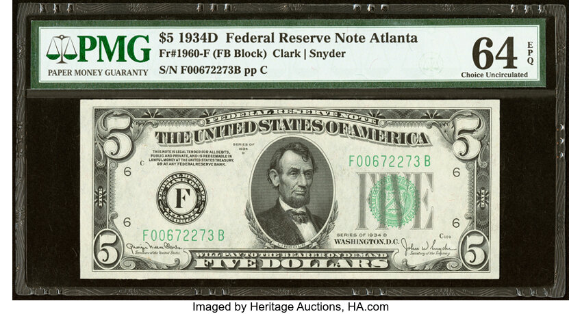 image for: Fr. 1960-F $5 1934D Federal Reserve Note. PMG Choice Uncirculated 64 EPQ....