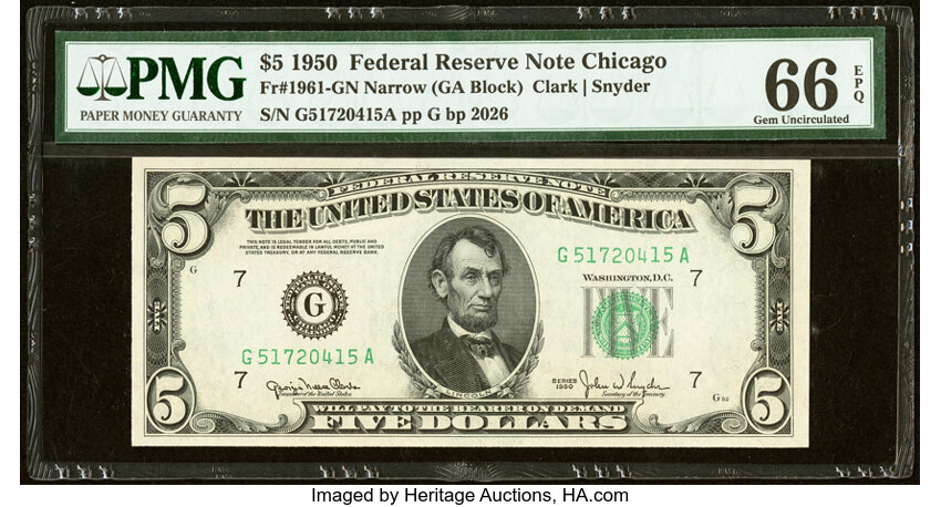 image for: Fr. 1961-G $5 1950 Narrow Federal Reserve Note. PMG Gem Uncirculated 66 EPQ....