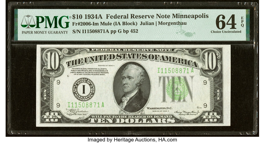 image for: Fr. 2006-I $10 1934A Mule Federal Reserve Note. PMG Choice Uncirculated 64 EPQ....