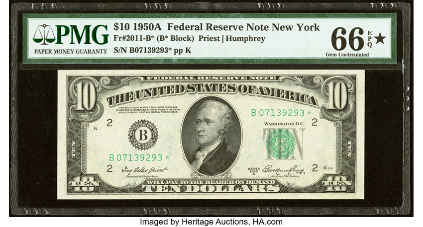 image for: Fr. 2011-B* $10 1950A Federal Reserve Star Note. PMG Gem Uncirculated 66 EPQ*....