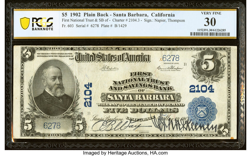 image for: Santa Barbara, CA - $5 1902 Plain Back Fr. 603 The First National Trust & Savings Bank Ch. # 2104 PCGS Banknote Very Fine 30....