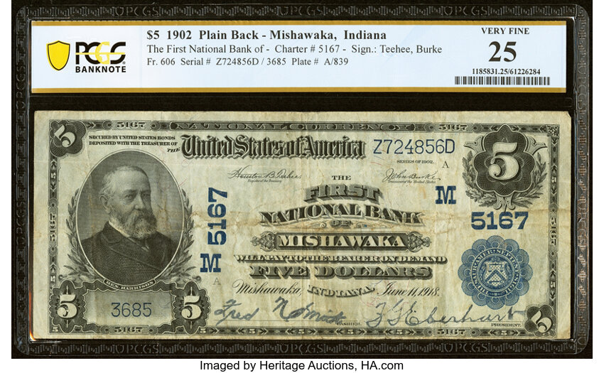 image for: Mishawaka, IN - $5 1902 Plain Back Fr. 606 The First National Bank Ch. # (M)5167 PCGS Banknote Very Fine 25....