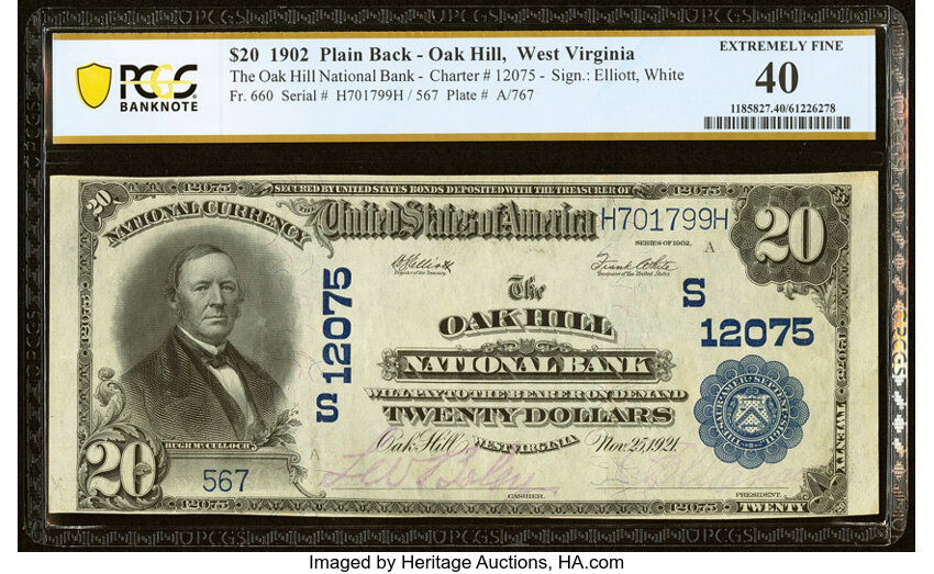 image for: Oak Hill, WV - $20 1902 Plain Back Fr. 660 The Oak Hill National Bank Ch. # (S)12075 PCGS Banknote Extremely Fine 40....