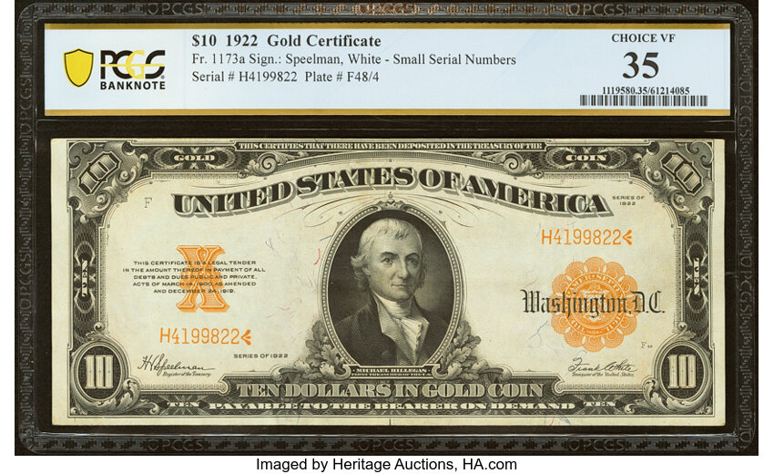 image for: Fr. 1173a $10 1922 Gold Certificate PCGS Banknote Choice VF 35....