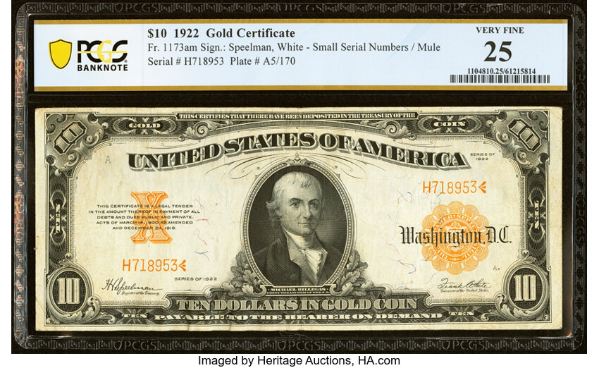 image for: Fr. 1173a $10 1922 Mule Gold Certificate PCGS Banknote Very Fine 25....