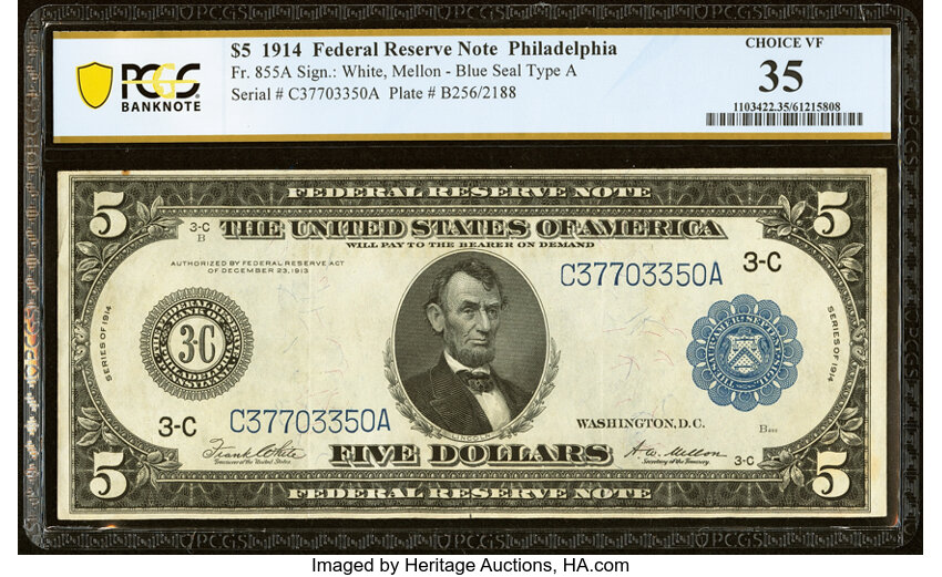 image for: Fr. 855a $5 1914 Federal Reserve Note PCGS Banknote Choice VF 35....