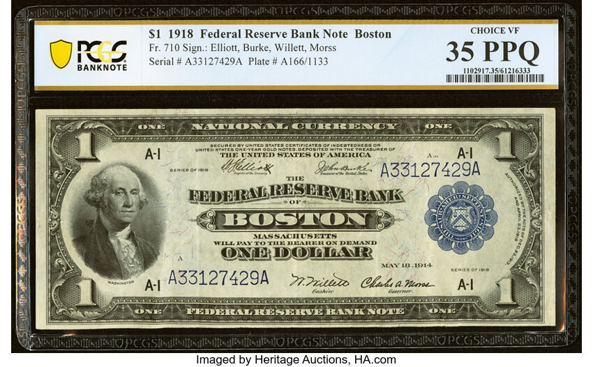 image for: Fr. 710 $1 1918 Federal Reserve Bank Note PCGS Banknote Choice VF 35 PPQ....