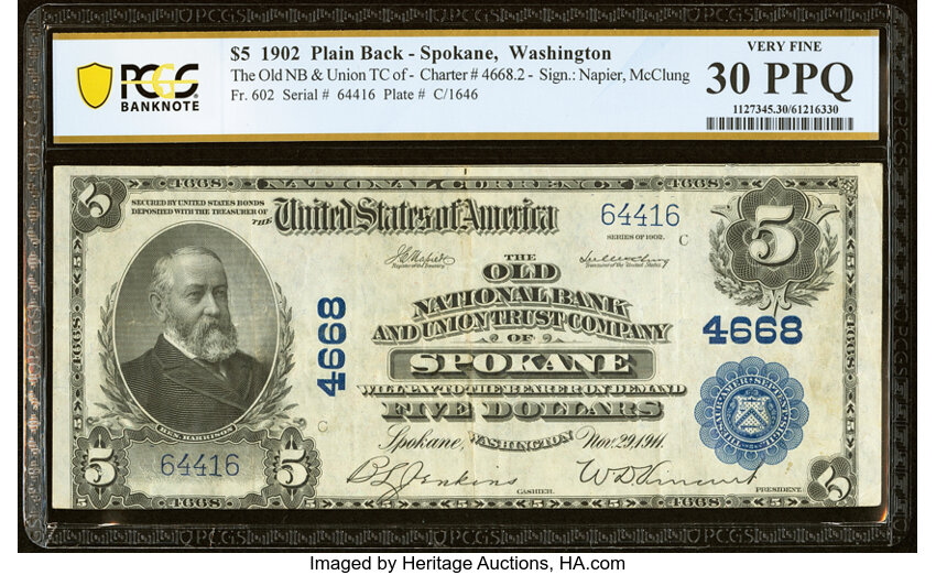 image for: Spokane, WA - $5 1902 Plain Back Fr. 602 The Old National Bank & Union Trust Company Ch. # 4668 PCGS Banknote Very Fine 30 PPQ...