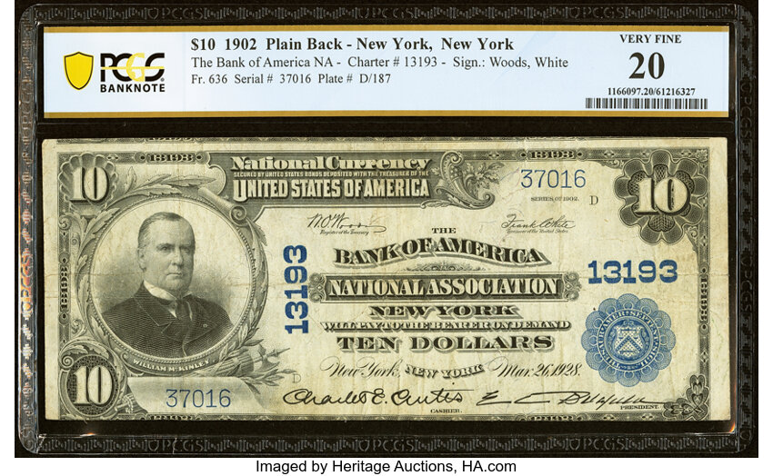 image for: New York, NY - $10 1902 Plain Back Fr. 636 The Bank of America National Assoc Ch. # 13193 PCGS Banknote Very Fine 20....