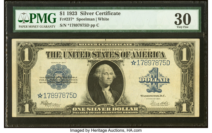 image for: Fr. 237* $1 1923 Silver Certificate Star Note PMG Very Fine 30....
