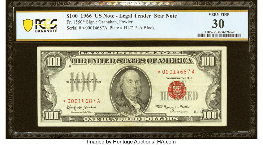 image for: Fr. 1550* $100 1966 Legal Tender Star Note. PCGS Banknote Very Fine 30....