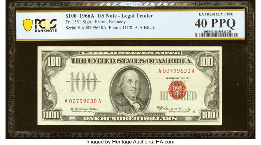 image for: Fr. 1551 $100 1966A Legal Tender Note. PCGS Banknote Extremely Fine 40 PPQ....