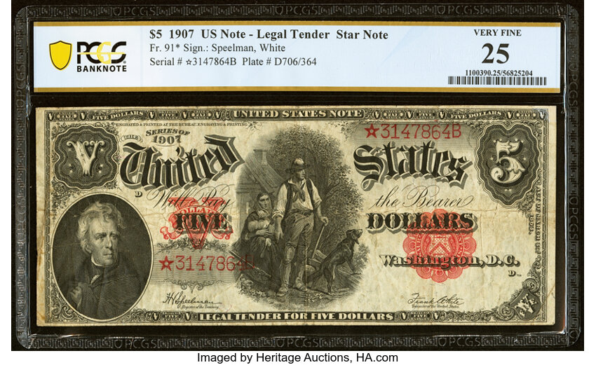 image for: Fr. 91* $5 1907 Legal Tender Star Note PCGS Banknote Very Fine 25....