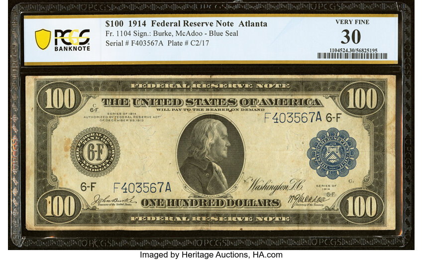 image for: Fr. 1104 $100 1914 Federal Reserve Note PCGS Banknote Very Fine 30....