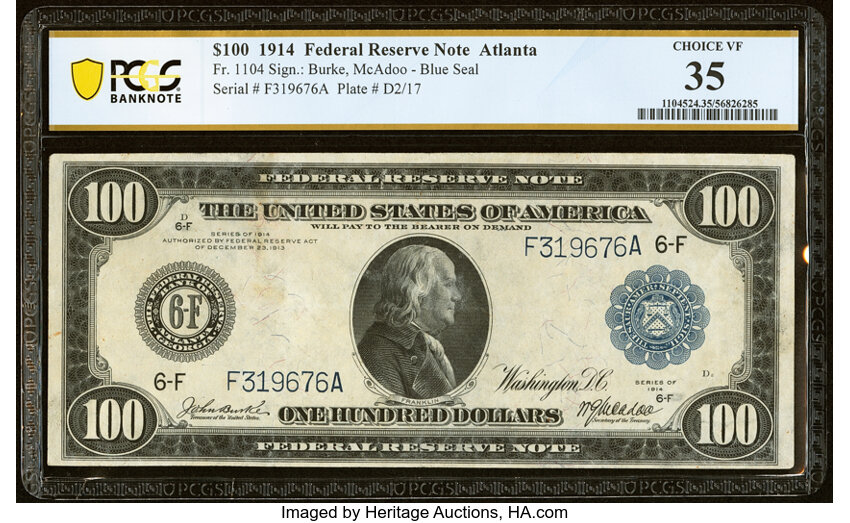 image for: Fr. 1104 $100 1914 Federal Reserve Note PCGS Banknote Choice VF 35....