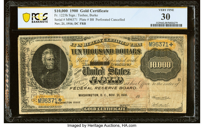 image for: Fr. 1225h $10,000 1900 Gold Certificate PCGS Banknote Very Fine 30....