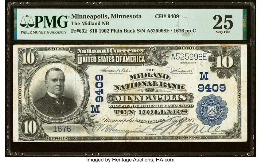 image for: Minneapolis, MN - $10 1902 Plain Back Fr. 632 The Midland National Bank Ch. # (M)9409 PMG Very Fine 25....