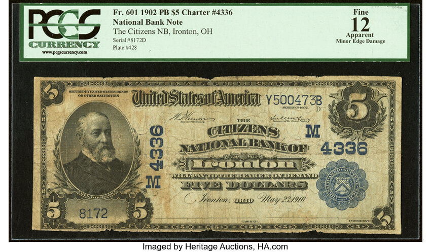 image for: Ironton, OH - $5 1902 Plain Back Fr. 601 The Citizens National Bank Ch. # (M)4336 PCGS Apparent Fine 12....