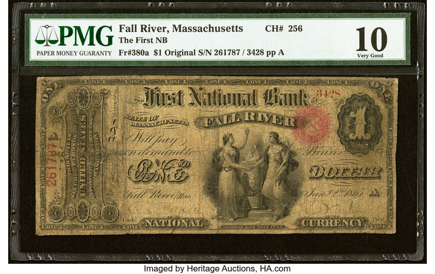 image for: Fall River, MA - $1 Original Fr. 380a The First National Bank Ch. # 256 PMG Very Good 10....