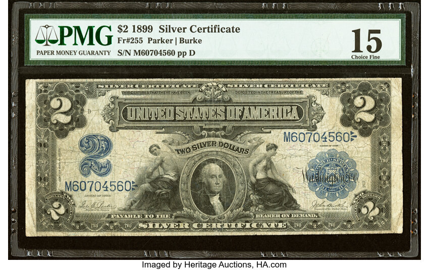 image for: Fr. 255 $2 1899 Silver Certificate PMG Choice Fine 15....
