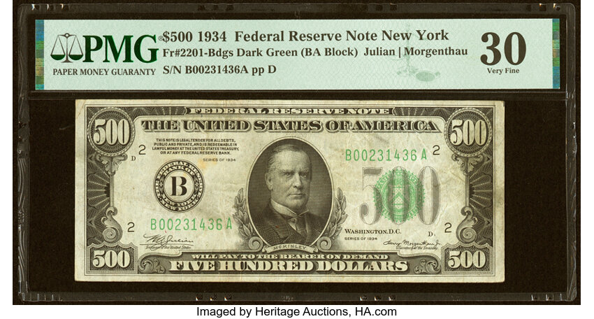 image for: Fr. 2201-B $500 1934 Federal Reserve Note. PMG Very Fine 30....