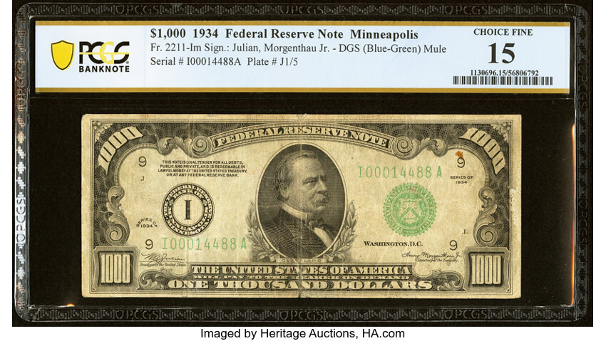 image for: Fr. 2211-I $1,000 1934 Mule Federal Reserve Note. PCGS Banknote Choice Fine 15....
