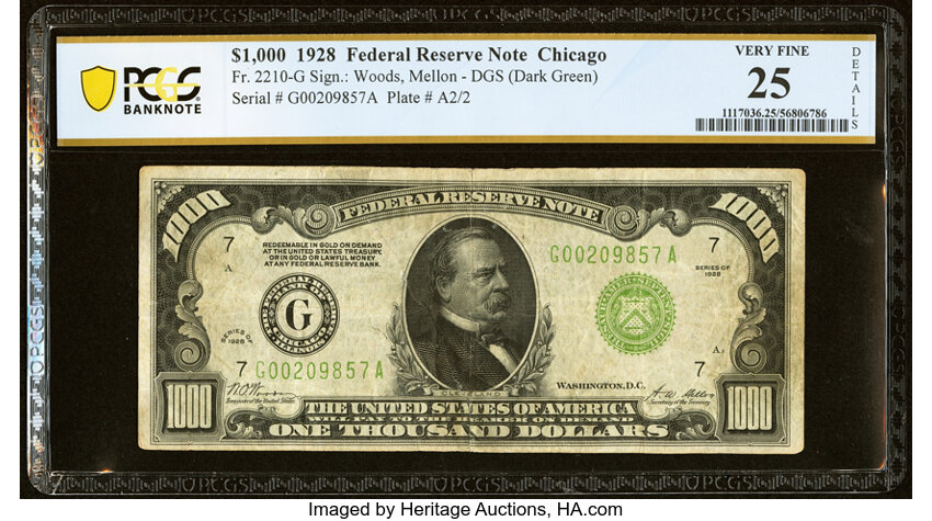 image for: Fr. 2210-G $1,000 1928 Federal Reserve Note. PCGS Banknote Very Fine 25 Details....
