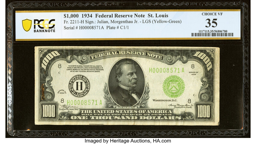 image for: Fr. 2211-H $1,000 1934 Light Green Seal Federal Reserve Note. PCGS Banknote Choice VF 35....