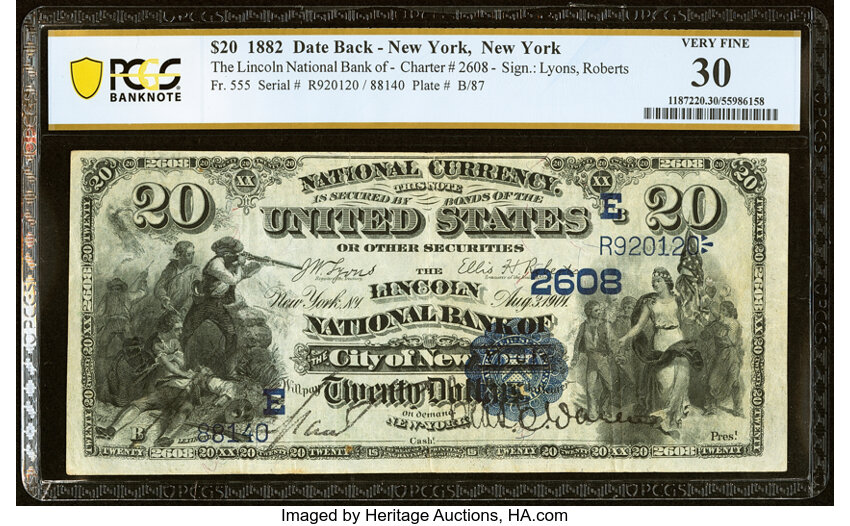image for: New York, NY - $20 1882 Date Back Fr. 555 The Lincoln National Bank Ch. # (E)2608 PCGS Banknote Very Fine 30....