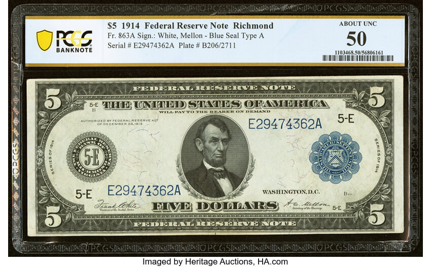 image for: Fr. 863a $5 1914 Federal Reserve Note PCGS Banknote About Unc 50....