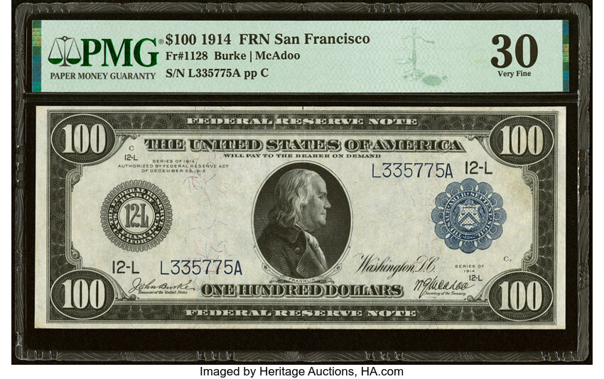 image for: Fr. 1128 $100 1914 Federal Reserve Note PMG Very Fine 30....
