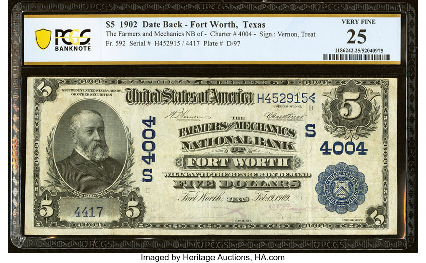 image for: Fort Worth, TX - $5 1902 Date Back Fr. 592 The Farmers & Mechanics National Bank Ch. # (S)4004 PCGS Banknote Very Fine 25....