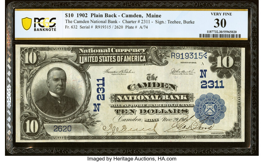 image for: Camden, ME - $10 1902 Plain Back Fr. 632 The Camden National Bank Ch. # (N)2311 PCGS Banknote Very Fine 30....