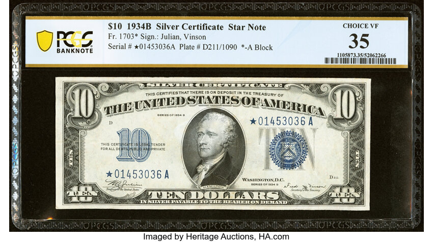 image for: Fr. 1703* $10 1934B Silver Certificate Star Note. PCGS Banknote Choice VF 35....