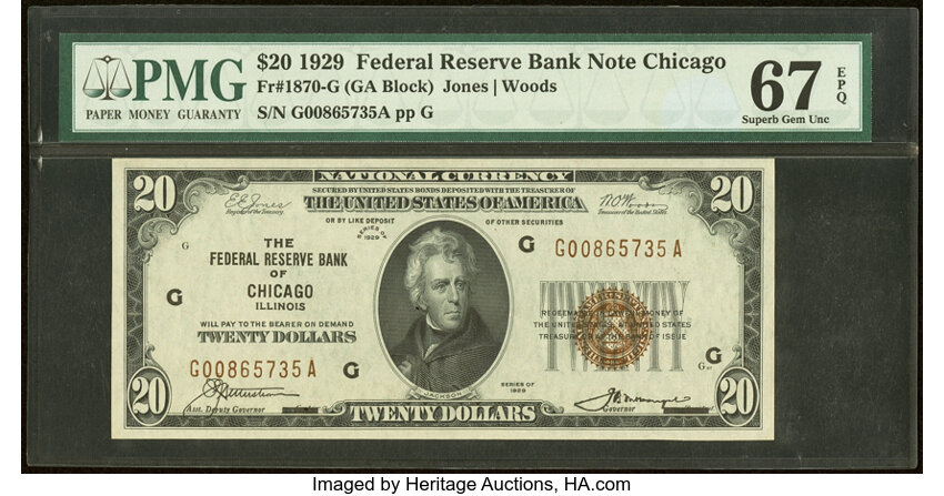 image for: Fr. 1870-G $20 1929 Federal Reserve Bank Note. PMG Superb Gem Unc 67 EPQ....