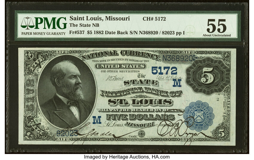 image for: Saint Louis, MO - $5 1882 Date Back Fr. 537 The State National Bank Ch. # (M)5172 PMG About Uncirculated 55....