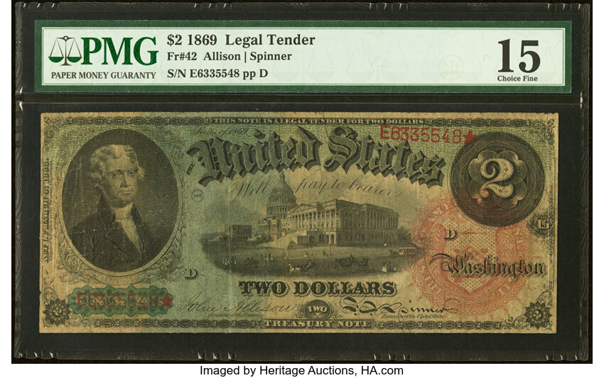 image for: Fr. 42 $2 1869 Legal Tender PMG Choice Fine 15....