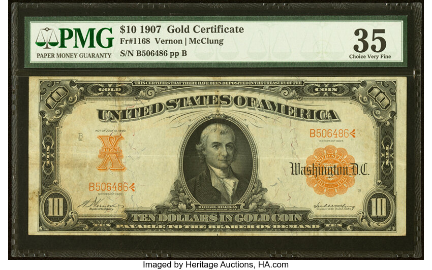 image for: Fr. 1168 $10 1907 Gold Certificate PMG Choice Very Fine 35....