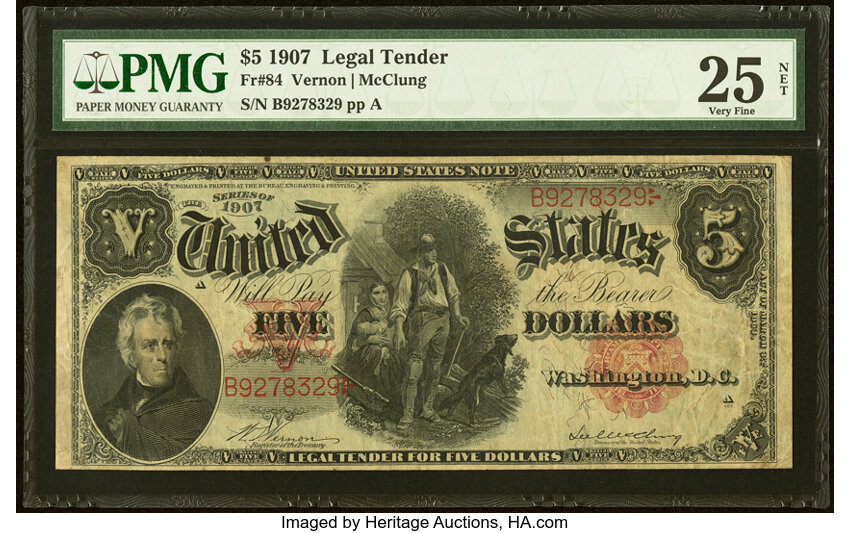 image for: Fr. 84 $5 1907 Legal Tender PMG Very Fine 25 Net....