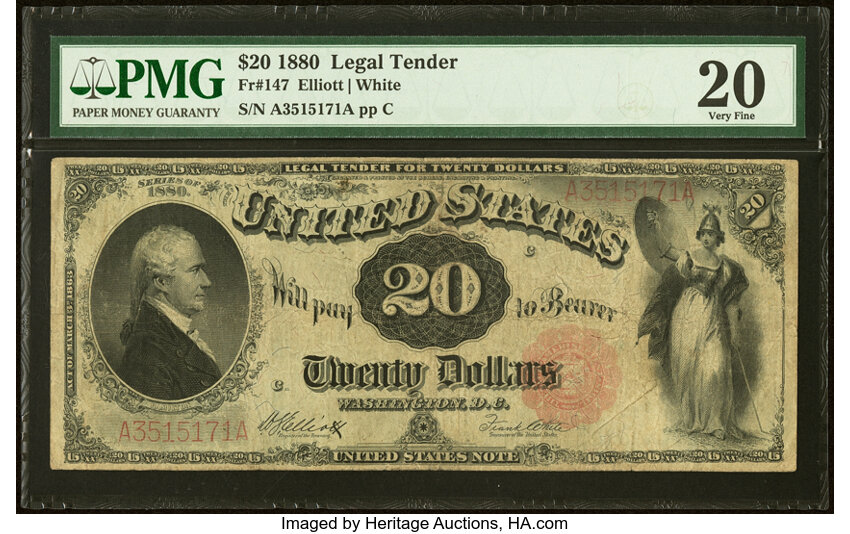 image for: Fr. 147 $20 1880 Legal Tender PMG Very Fine 20....
