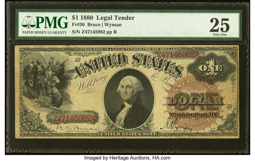 image for: Fr. 30 $1 1880 Legal Tender PMG Very Fine 25....