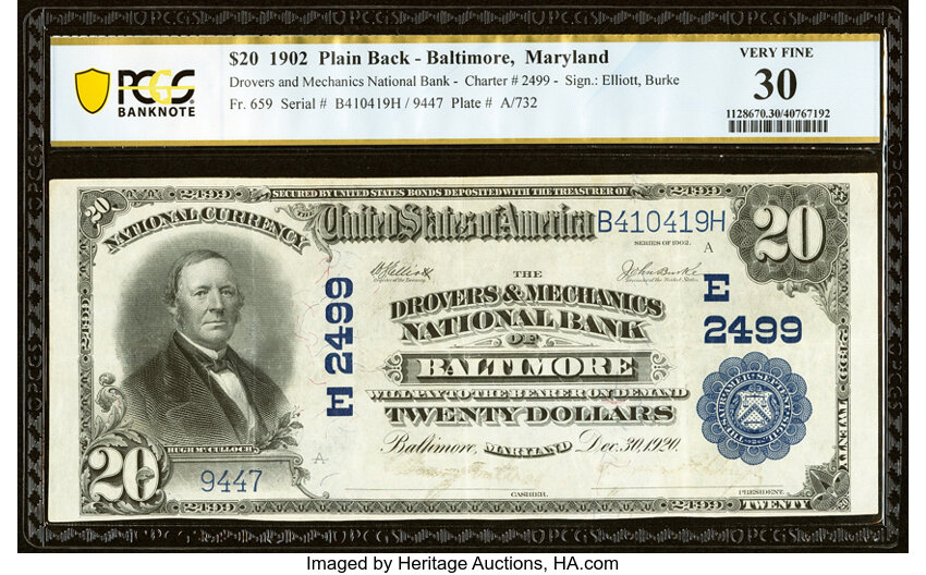 image for: Baltimore, MD - $20 1902 Plain Back Fr. 659 The Drovers & Mechanics National Bank Ch. # (E)2499 PCGS Banknote Very Fine 30....