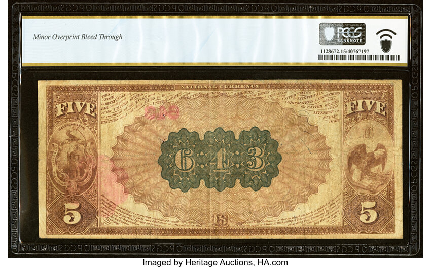 image for: Boston, MA - $5 1882 Brown Back Fr. 474 The Atlantic National Bank Ch. # 643 PCGS Banknote Choice Fine 15....