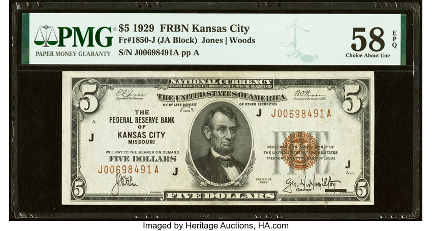 image for: Fr. 1850-J $5 1929 Federal Reserve Bank Note. PMG Choice About Unc 58 EPQ....