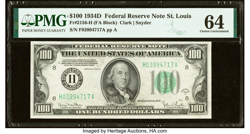 image for: Fr. 2156-H $100 1934D Federal Reserve Note. PMG Choice Uncirculated 64....