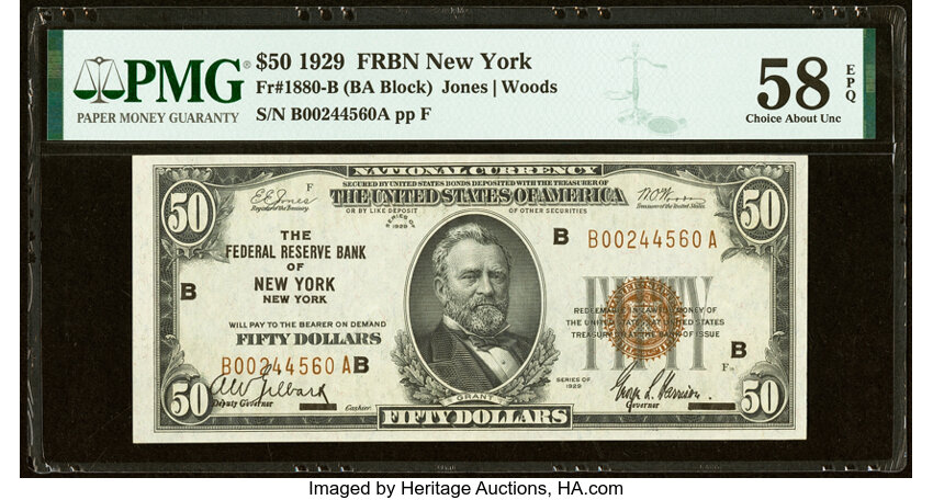image for: Fr. 1880-B $50 1929 Federal Reserve Bank Note. PMG Choice About Unc 58 EPQ....