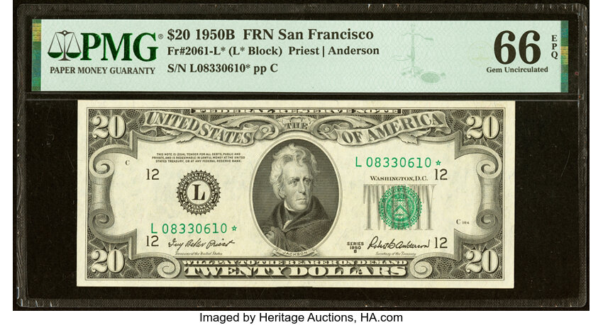 image for: Fr. 2061-L* $20 1950B Federal Reserve Star Note. PMG Gem Uncirculated 66 EPQ....