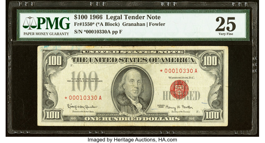 image for: Fr. 1550* $100 1966 Legal Tender Star Note. PMG Very Fine 25....